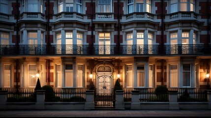 A view of the exterior of a residential building at night in London. - obrazy, fototapety, plakaty
