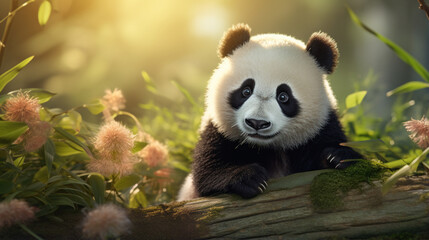 Obraz premium Cute baby panda on forest background. Generative AI