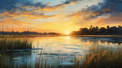Obraz premium beautiful water morning sunrise landscape illustration green environment, tree sunlight, fog outdoor beautiful water morning sunrise landscape