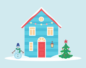 blue house with snowman and tree. Vector Illustration for backgrounds, covers and packaging. Image can be used for greeting cards, posters, stickers and textile. Isolated on white background.