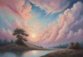 The painting transforms the sky into a captivating spectacle, illustrating a dreamy, surreal world above.AI generated