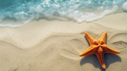 Fototapeta na wymiar Starfish on beach background. Copy space. Generative AI