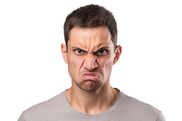 Studio portrait of upper half of a man showing facial expressions isolated on transparent png background. Human emotions, Face expressions.