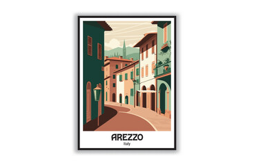 Vector art Arezzo, Italy Travel Destination Posters in retro style. Exotic summer vacation, holidays concept. Vintage vector colorful illustrations. Design for art prints or banner design, wallpaper, 