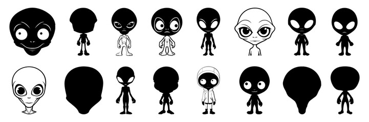 Alien silhouettes set, large pack of vector silhouette design, isolated white background