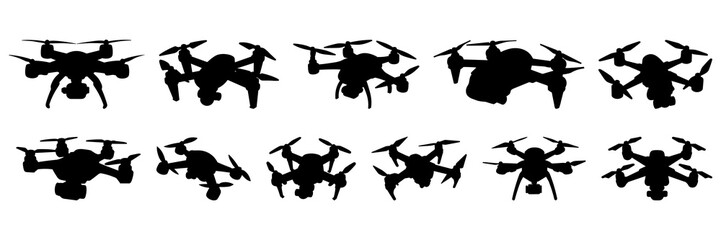 Drone silhouettes set, large pack of vector silhouette design, isolated white background