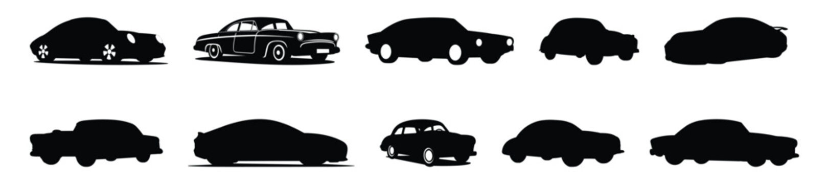 Retro car silhouettes set, large pack of vector silhouette design, isolated white background