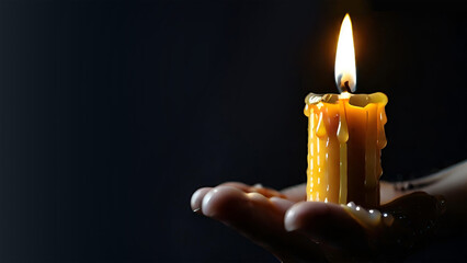 Burning candle in hand. The wax drips off. Concept Pray, We Remember.
