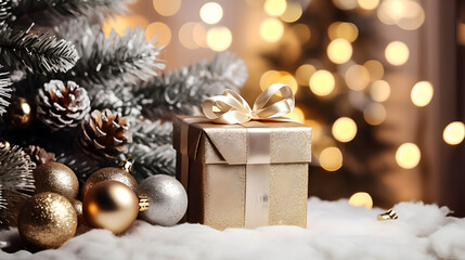 Fototapeta na wymiar Christmas tree with gift box and decorations. 