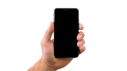 Hand holding mobile phone with blank screen isolated on a white background. Generative AI