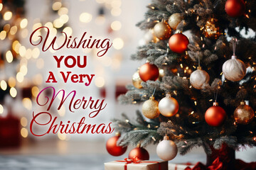 Wishing you a very Merry Christmas text with beautiful Christmas decoration background