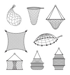 Fishing net black different shape for fish hunting catch hobby set isometric vector illustration