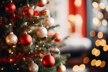 Fototapeta na wymiar Holiday season with beautiful indoor Christmas decoration background.