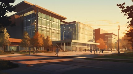 Modern office building at sunset, panoramic view. 3d render