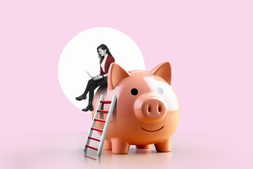 Businesswoman with laptop on a stack of sitting at a piggy bank in living room background. Success...
