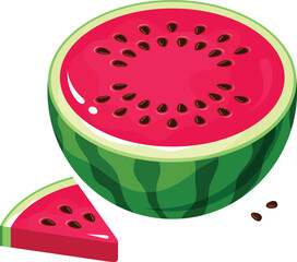Red ripe watermelon half triangle piece fresh summer fruit berry isometric vector illustration