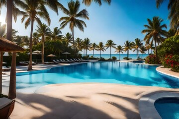 Featuring palm trees, a blue sky, and a luxurious swimming pool, there is also a beach and a sea nearby