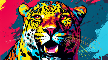 Portrait of a leopard in the style of pop art. The power and strength of a beautiful predator. Expressive look. Bright, saturated colors. Copy space. Close-up.