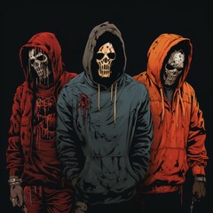 a group of people wearing skulls and hoodies
