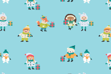 seamless pattern with cartoon winter characters
