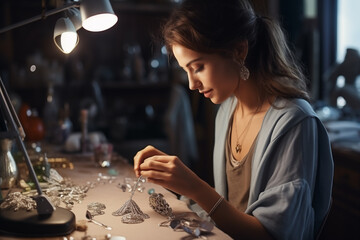 a jeweler girl creates jewelry in a home workshop