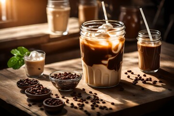 Glass of a iced coffee with cream milk. Cold brew coffee drink with ice. Early morning sun light - obrazy, fototapety, plakaty
