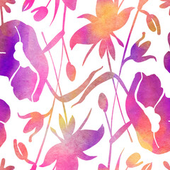Seamless pattern with watercolor flowers. Hand-drawn illustration.