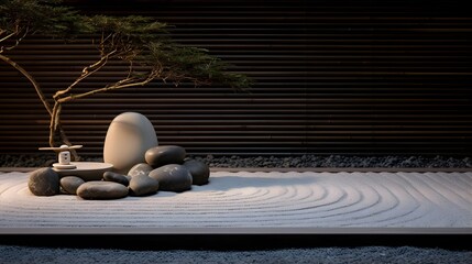 3d rendering of a zen garden with a tree and stones