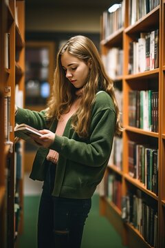 Caucasian female student in glasses reads book standing near shelves in university library. Obtaining knowledge. Lady enjoys experience of curiosity and perseverance. Vertical photo.
