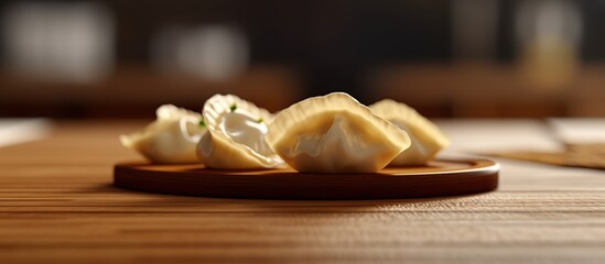 Pierogi served on a wooden dining table