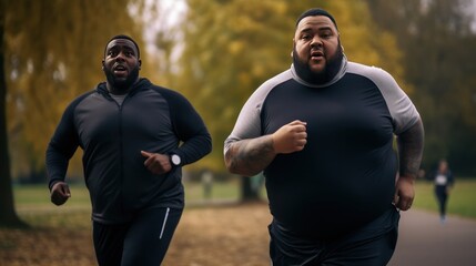 Overweight man friends doing sports together running in park with yellow foliage on trees losing weight. Active lifestyle and desire to lose excess weight. Support from friend. - obrazy, fototapety, plakaty