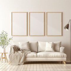 Three vertical frame mock-ups, mock-up poster on the living room wall. Interior model. Apartment background. Modern interior design. 3D render