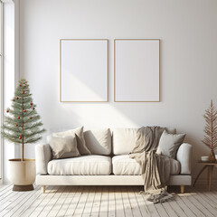 Set of 2 living room frame mockups, wooden frame mockup, interior design, 3D, Scandinavian style