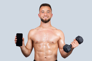 Glad sweat strong muscular millennial european man athlete with beard, naked torso make exercises with dumbbell - obrazy, fototapety, plakaty