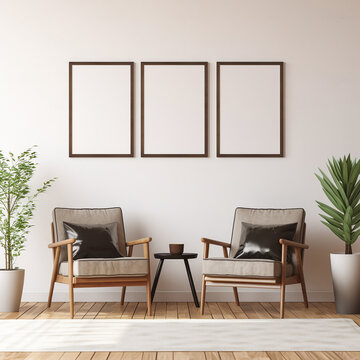 black set of 3 frame mockup, interior design, hollow on minimalist living room wall