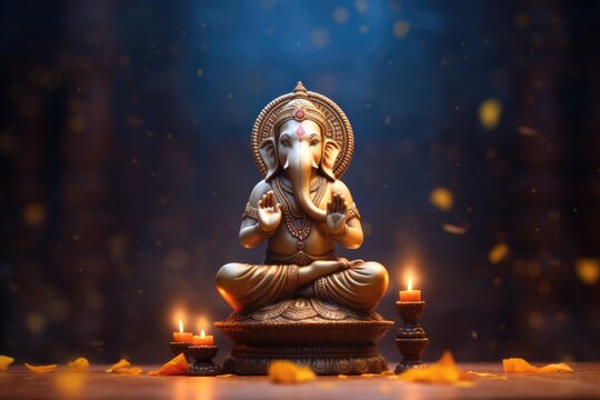 Golden hindu lord Ganesha sculpture on dark blue background. Indian god. Banner, poster, card for ganesha festival. Ganpati Bappa festival Ganesh Chaturthi