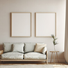 Set of 2 living room frame mockups, wooden frame mockup, interior design, 3D, Scandinavian style