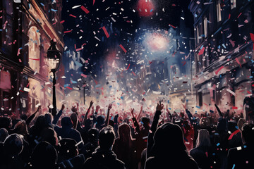 the crowd on the street celebrates on New Year's Eve - obrazy, fototapety, plakaty
