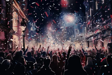 Foto op Plexiglas the crowd on the street celebrates on New Year's Eve © Alexander