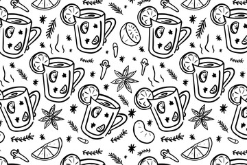 Seamless pattern of Mulled wine spices, anise stars, cinnamon, fir branches, orange slices, zest, cloves. Winter Christmas drink in glass with garnish. Hand drawn black white background.  - obrazy, fototapety, plakaty