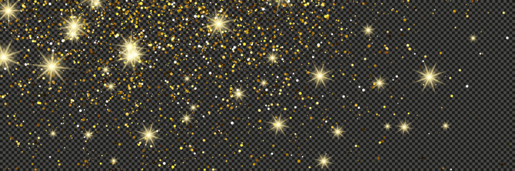 Gold glittering dust with stars on transparent backdrop