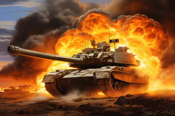tank on the background of an explosion - obrazy, fototapety, plakaty