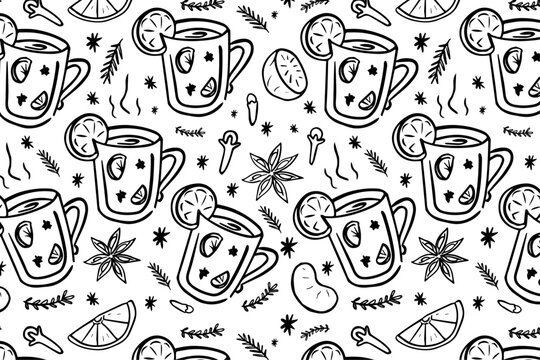 Seamless pattern of Mulled wine spices, anise stars, cinnamon, fir branches, orange slices, zest, cloves. Winter Christmas drink in glass with garnish. Hand drawn black white background. 