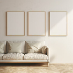 Three vertical frame mock-ups, mock-up poster on the living room wall. Interior model. Apartment background. Modern interior design. 3D render