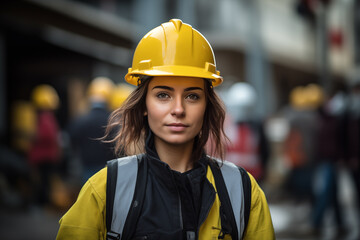 portrait of a female worker in a construction helmet - obrazy, fototapety, plakaty