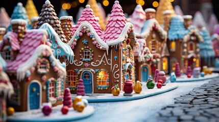 Colorful Decorated mini ginger bread house village - obrazy, fototapety, plakaty