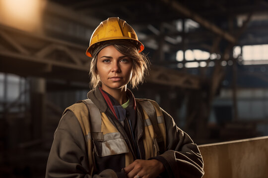 portrait of a female worker in a construction helmet
