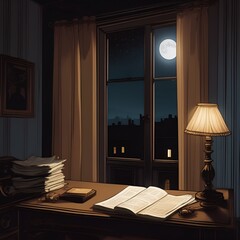 A brown desk under the bright moonlight of a dark night, a curtain flying in the breeze. Generative AI