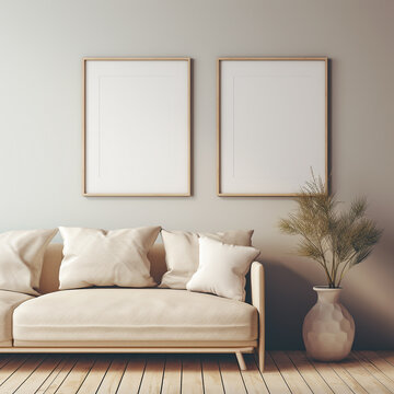 Set of 2 living room frame mockups, wooden frame mockup, interior design, 3D, Scandinavian style