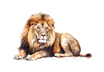 Portrait of a majestic lion on white background in watercolor style.